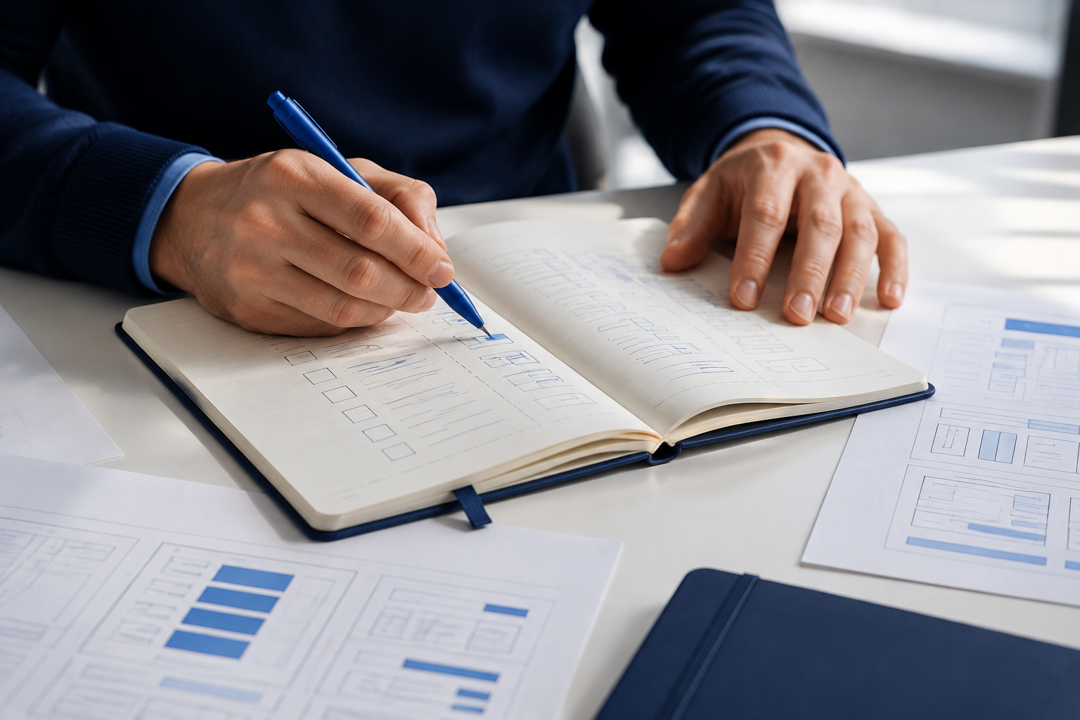 Illustrative close-up of hands writing a business plan alongside organized documents.