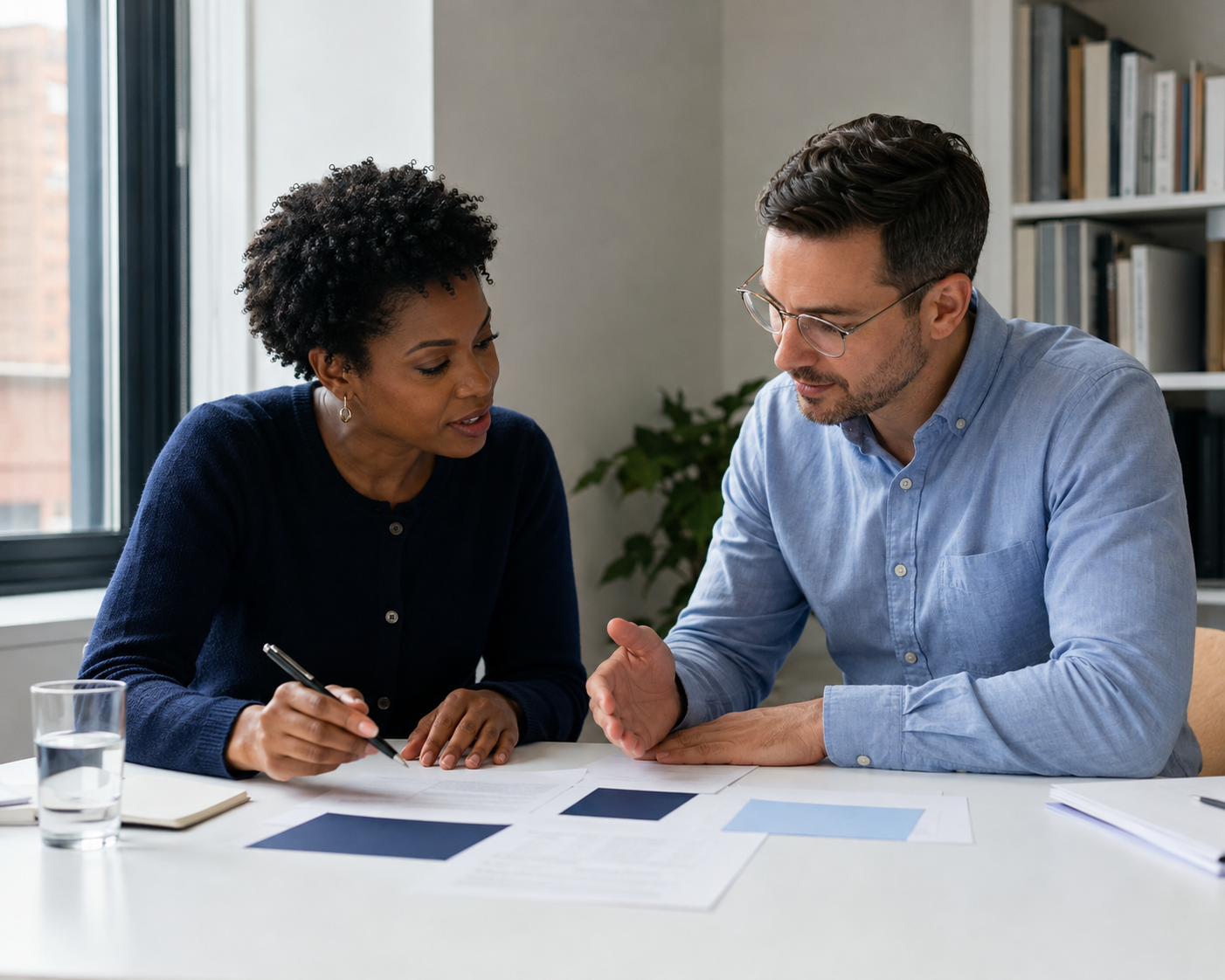 Illustrative scene of two business professionals discussing work priorities.