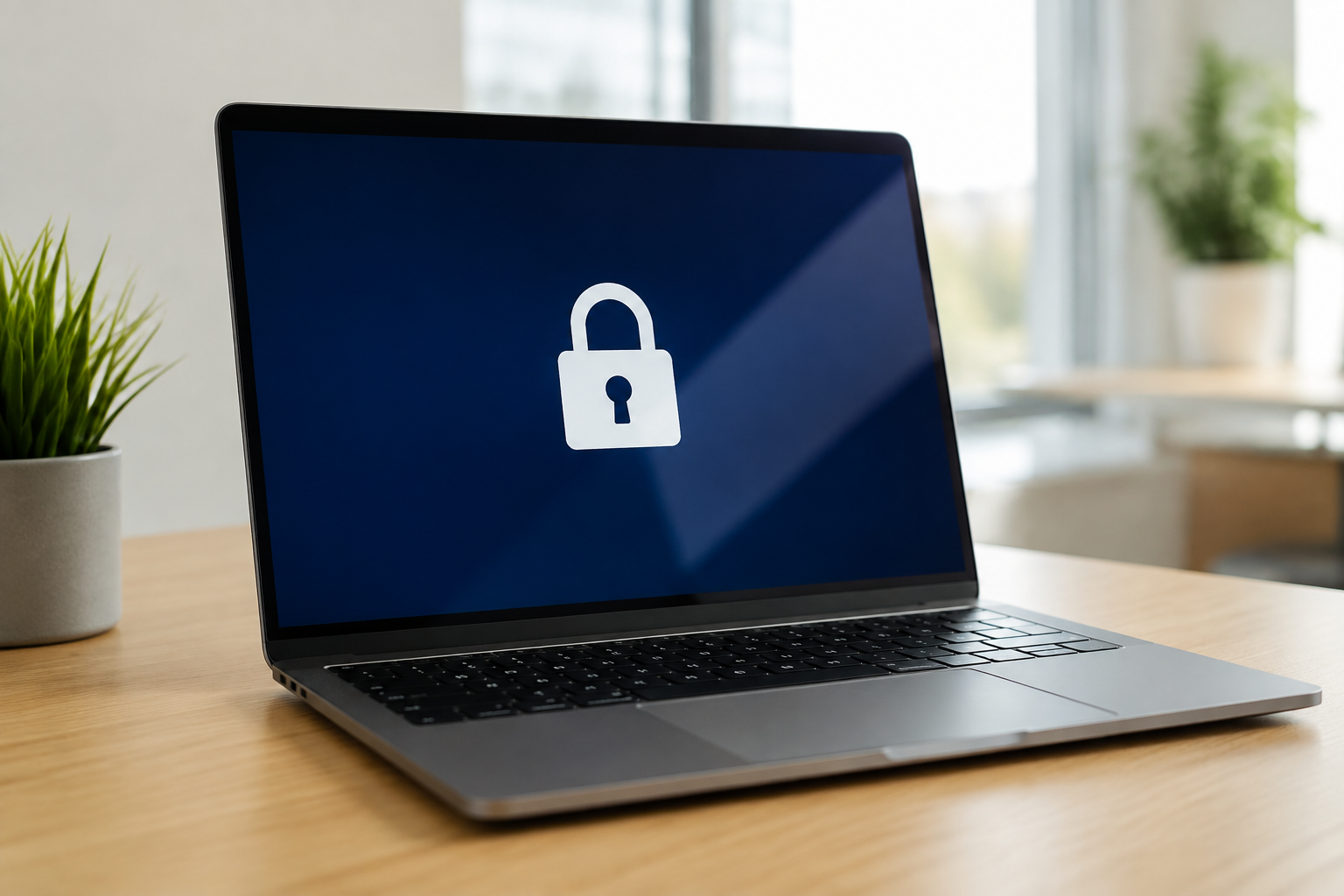 Illustrative laptop displaying a lock symbol to represent information privacy.