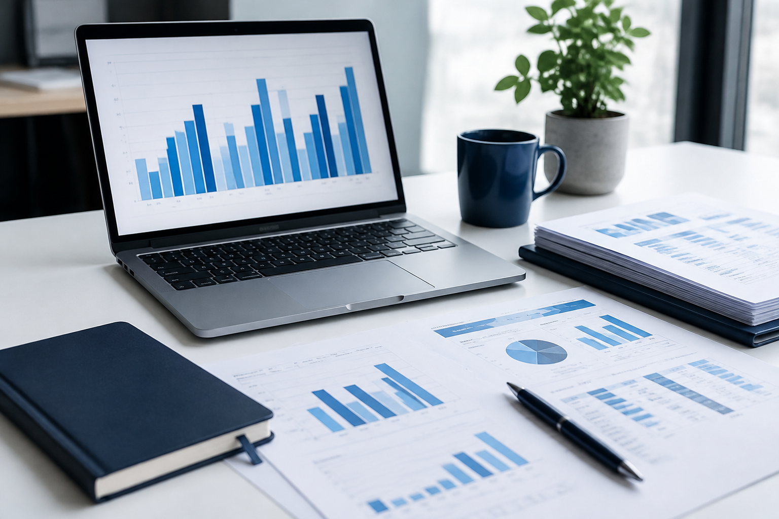 Illustrative research workspace with a laptop, comparison sheets, and business charts.