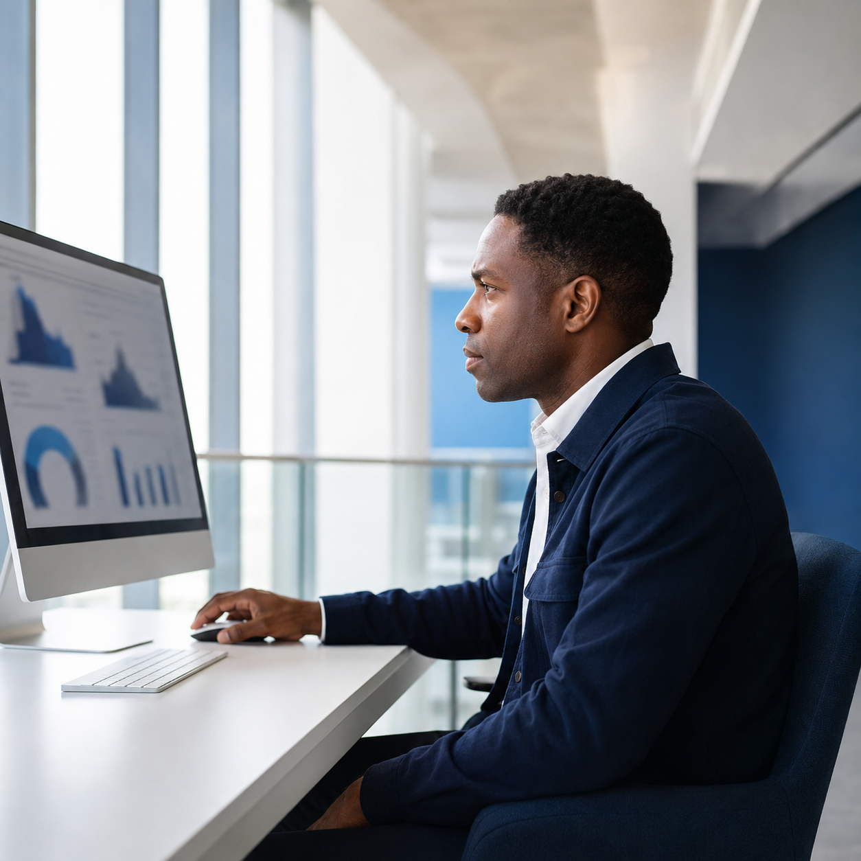 Illustrative scene of an analyst examining business data at a desktop monitor.