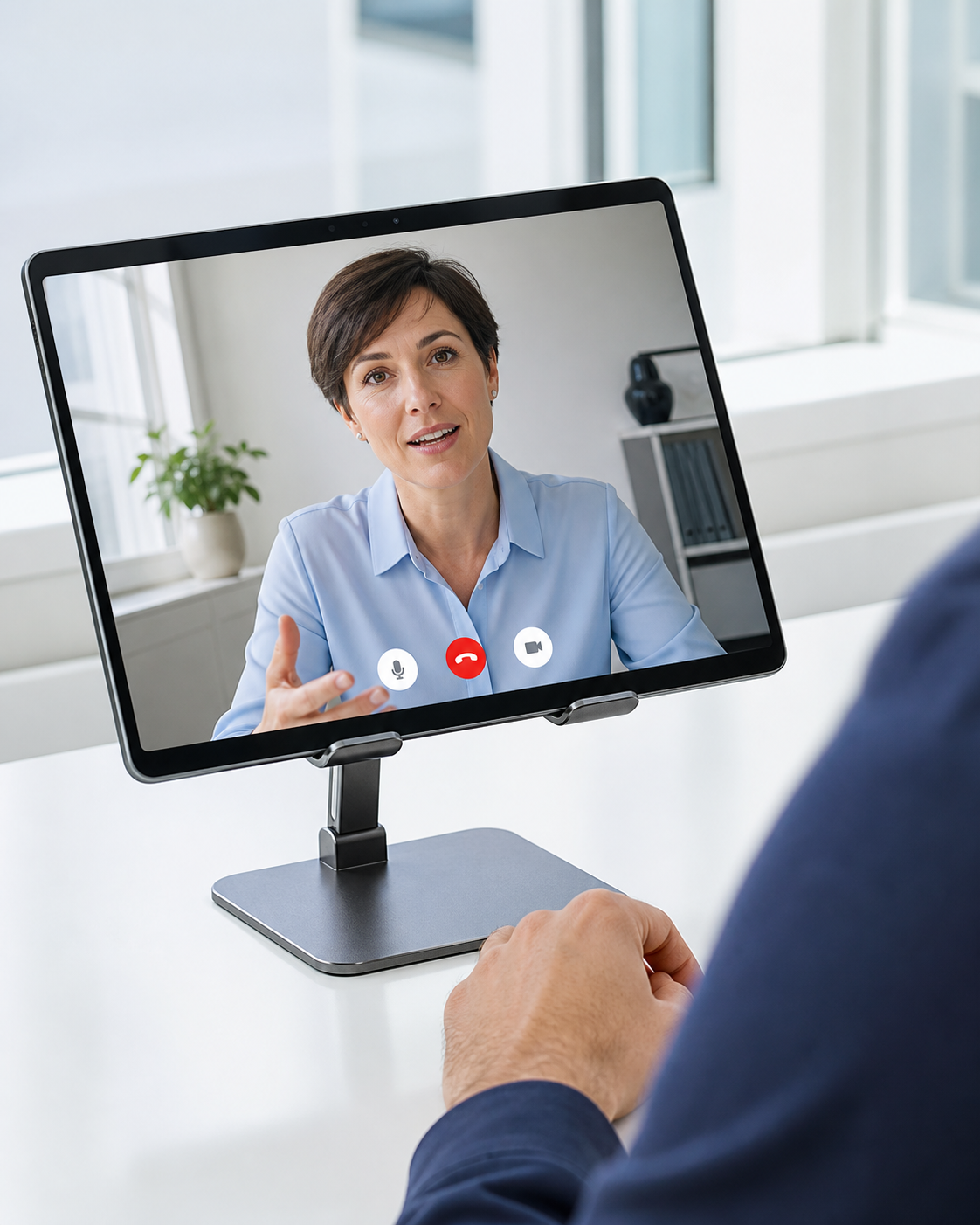 Illustrative scene of a one-to-one video conversation on a tablet.