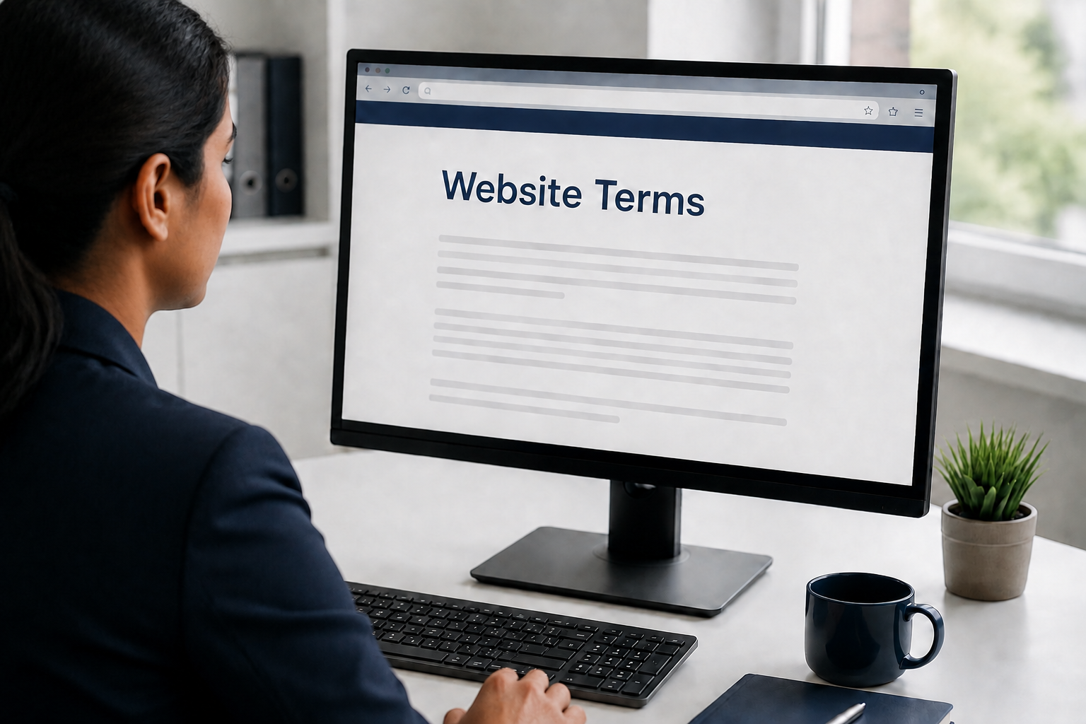 Illustrative professional reading Website Terms on a desktop monitor.